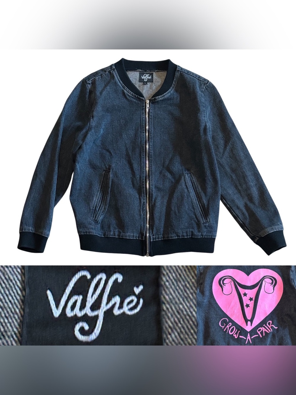 Valfre "Grow-A-Pair" Denim Bomber Jacket Women’s Size Large In Grey